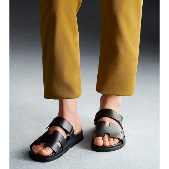 Hermes Chypre Sandal Mens Black Leather H Logo Strap Slide Slip On Flat 44 11 - Picture 3 of 12